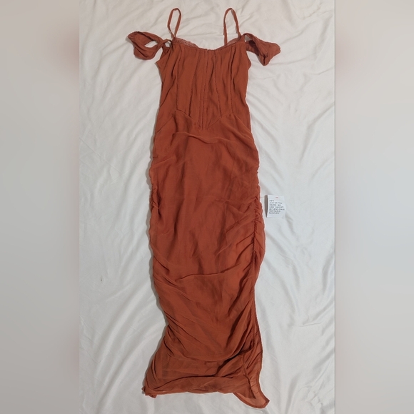 ASOS DESIGN corset lace chiffon mix panelled milkmaid midi dress, Color Rust Sz0 - Picture 4 of 16